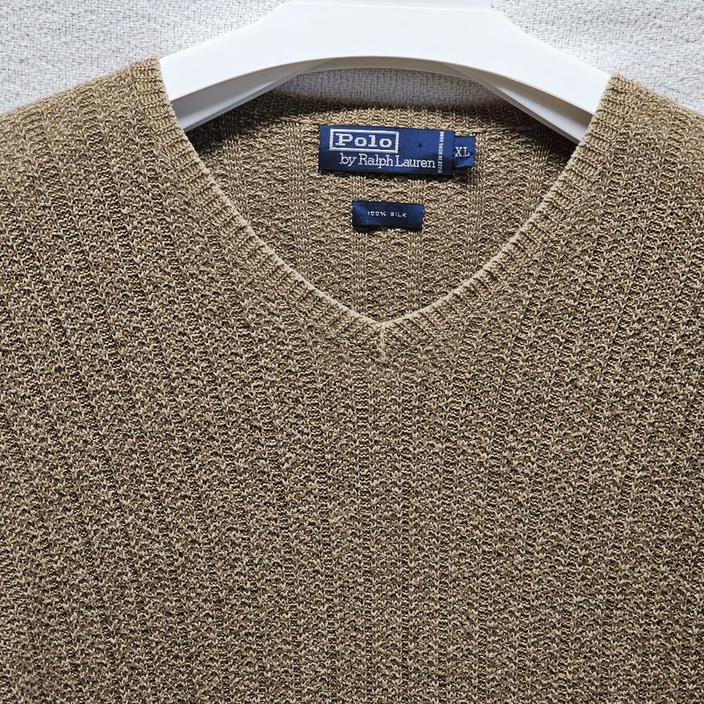 VTG Polo Ralph Lauren 100% Silk Sweater XL Brown V-Neck Textured Hong Kong Made